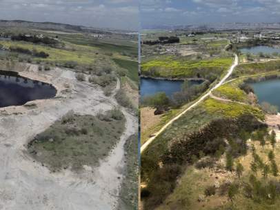 La balsa de aceite de Arganda del Rey, con su aspecto actual (izquierda) y cómo quedará dentro de unos años (derecha).