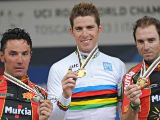 Purito, Rui Costa y Valverde, en el podio de los Mundiales