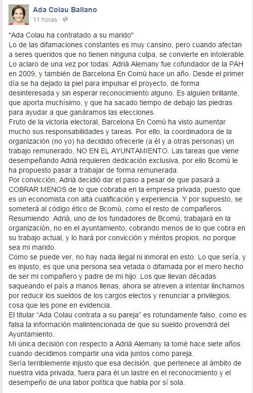 Comunicado de Colau Comunicado de Ada Colau en Facebook