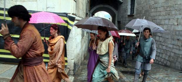 Extras on the first day of shooting the series 'Game of Thrones' in the city of Girona.