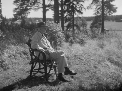Santeri Levas: Jean Sibelius in his tree root chair in the border area of the Ainola grounds, 1940-1945