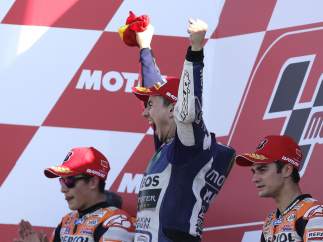 Marc Márquez, Jorge Lorenzo y Dani Pedrosa en el podio.