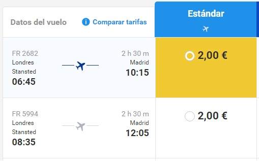 Captura de ofertas de vuelos entre Madrid y Londres de Ryanair