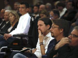 Pablo Iglesias, durante la conferencia de Carles Puigdemont en Madrid