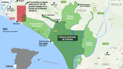 Localizador del incendio que se produjo en Doñana, Huelva. Incendio en Doñana