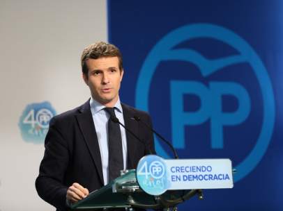 Rueda de prensa de Pablo Casado en la sede del PP