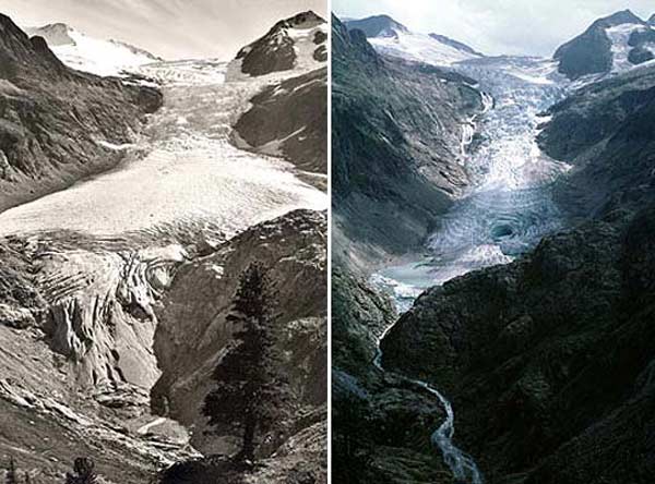 Una evidencia del deshielo en el glaciar suizo de Trift: A la izquierda, una imagen de 1948; a la derecha, una de 2003 Una evidencia del deshielo en el glaciar suizo de Trift: A la izquierda, una imagen de 1948; a la derecha, una de 2003