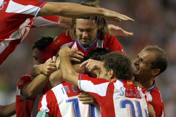 Los jugadores del Atlético de Madrid celebran el primer gol. Los jugadores del Atlético de Madrid celebran el primer gol.
