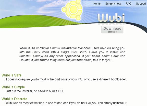 Página web de Wubi Página web de Wubi