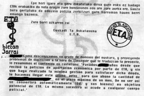 Cartas de extorsión de ETA Cartas de extorsión de ETA