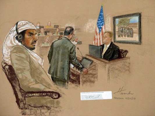 Foto de archivo fechada el pasado 22 de julio de 2008 que muestra el dibujo del ilustrador de los juicios estadounidense Janet Hamlin, que muestra al acusado Salim Hamdan durante el juicio militar por crímenes de guerra Foto de archivo fechada el pasado 22 de julio de 2008 que muestra el dibujo del ilustrador de los juicios estadounidense Janet Hamlin, que muestra al acusado Salim Hamdan durante el juicio militar por crímenes de guerra