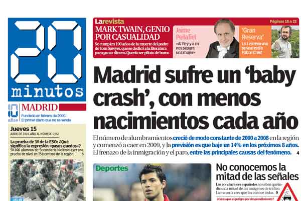 Portada de '20 minutos' Portada de '20 minutos'