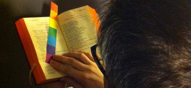 Un religioso lee una Biblia, con un marca-páginas multicolor