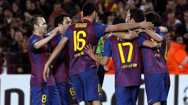 El Barça celebra un gol de Messi El Barça celebra un gol de Messi