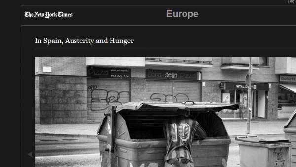 Captura de la edición digital de 'The New York Times' que ha publicado este lunes el reportaje fotográfico 'In Spain, Austerity and Hunger'. Captura de la edición digital de 'The New York Times' que ha publicado este lunes el reportaje fotográfico 'In Spain, Austerity and Hunger'.