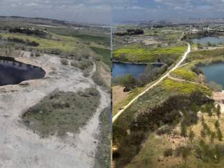 La balsa de aceite de Arganda del Rey, con su aspecto actual (izquierda) y cómo quedará dentro de unos años (derecha).