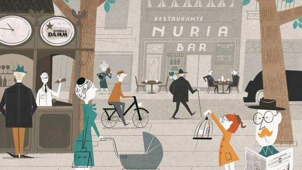 Il·lustració que representa la dècada dels anys trenta del segle passat a la Rambla i que decorarà el nou interior del reformat Bar Núria. Il·lustració que representa la dècada dels anys trenta del segle passat a la Rambla i que decorarà el nou interior del reformat Bar Núria.