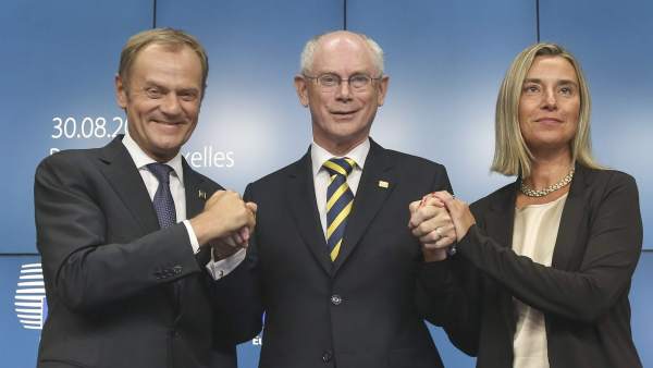 Donald Tusk, Herman Van Rompuy y Federica Mogherini Donald Tusk, Herman Van Rompuy y Federica Mogherini
