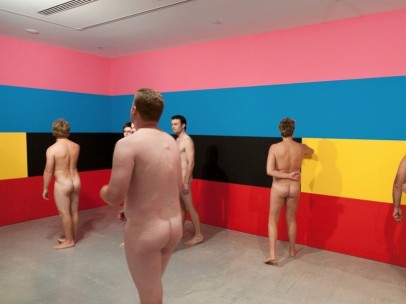 A nude tour group at the Museum of Contemporary Art Australia, Sydney, viewing Robert Owens’ Sunrise #3