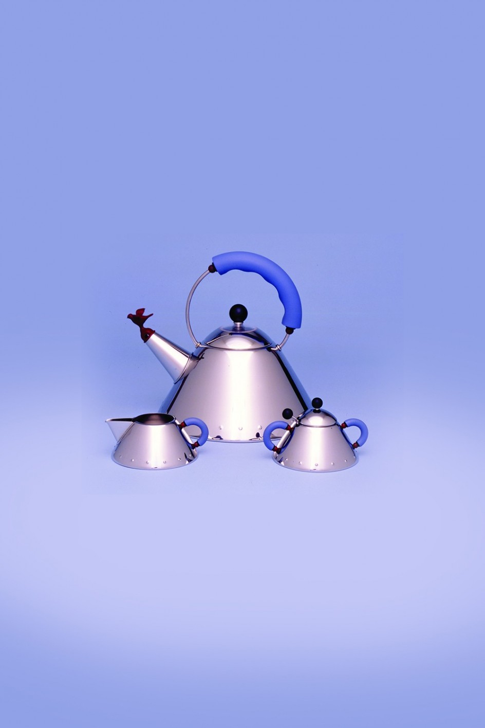 Whistling bird teakettle, sugar bowl, and creamer, Alessi (1985