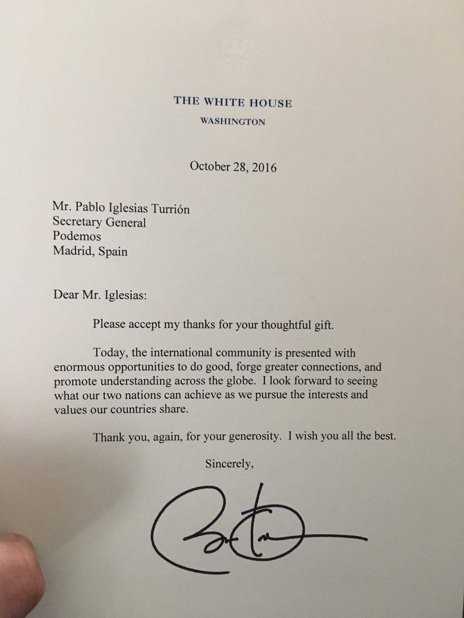 Obama agradece por carta a Pablo Iglesias el libro que 
