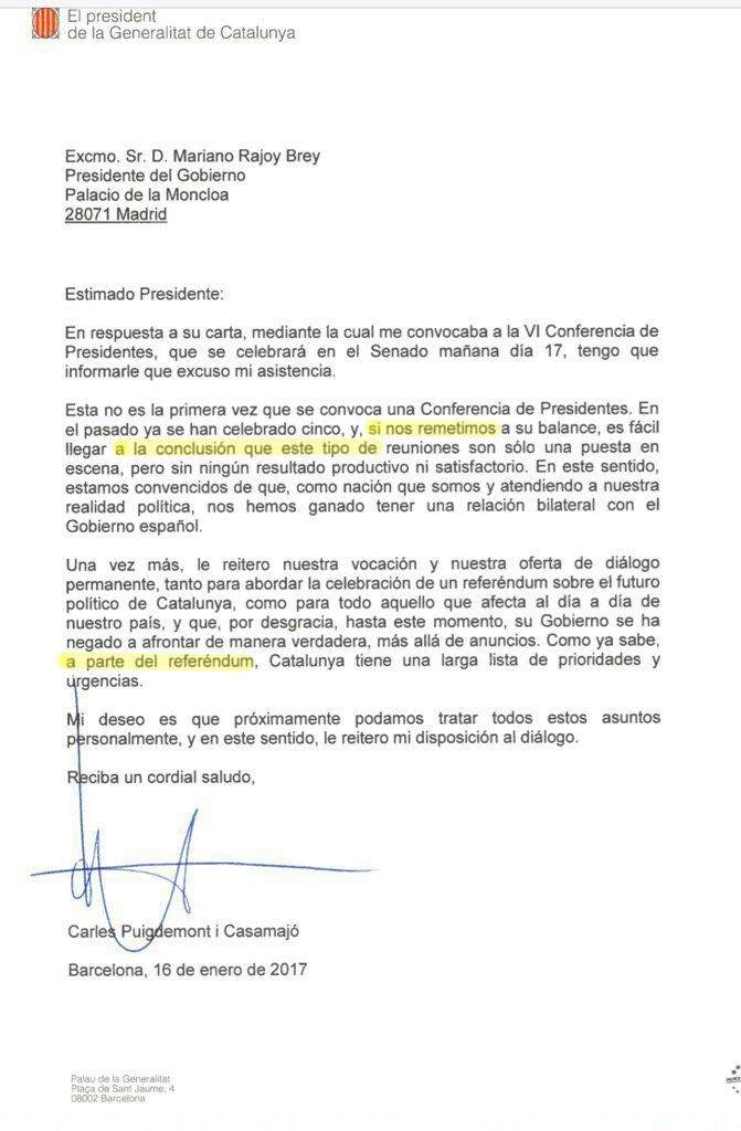 La carta de Puigdemont a Rajoy contiene faltas de ortografía