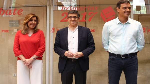 Pedro Sánchez, Susana Díaz y Patxi López antes del incio del debate del PSOE Pedro Sánchez, Susana Díaz y Patxi López antes del incio del debate del PSOE