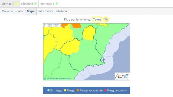 Mapa de la Aemet con las zonas en las que está activo el aviso amarillo Mapa de la Aemet con las zonas en las que está activo el aviso amarillo