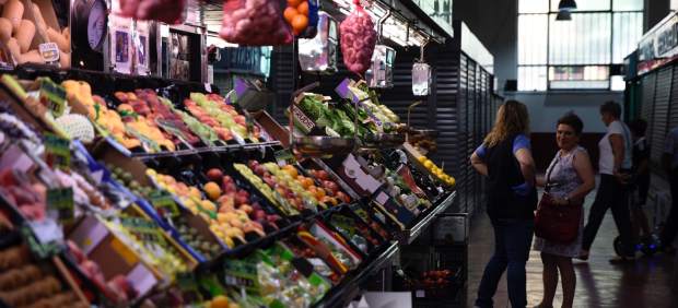 Mercado, frutas, verduras, carne, pescado, alimentos, comida