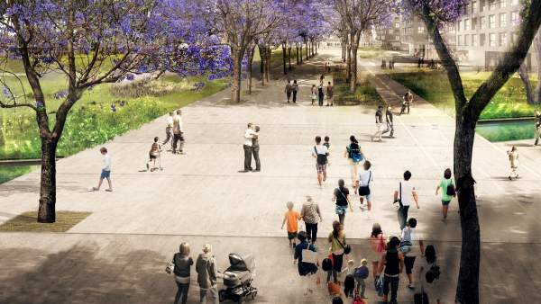 Recreación digital de cómo quedará la Rambla dels Encants de la Clariana del parque urbano de las Glòries . Recreación digital de cómo quedará la Rambla dels Encants de la Clariana del parque urbano de las Glòries .