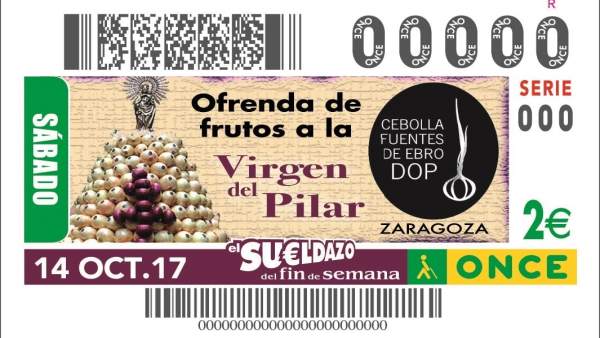 Cupón de la ONCE dedicado a la 'Ofrenda de Frutos' a la Virgen del Pilar Cupón de la ONCE dedicado a la 'Ofrenda de Frutos' a la Virgen del Pilar