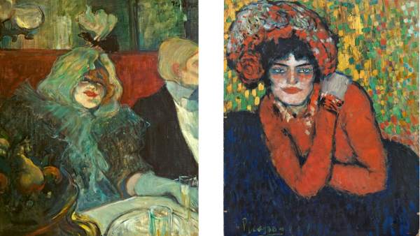 A la izquierda 'En un reservado (En el Rat Mort)', 1899 de Toulouse-Lautrec y a la derecha 'La espera (Margot)', 1901 de Picasso A la izquierda 'En un reservado (En el Rat Mort)', 1899 de Toulouse-Lautrec y a la derecha 'La espera (Margot)', 1901 de Picasso