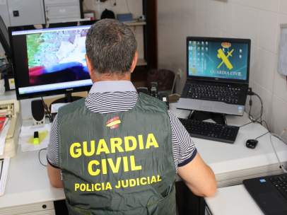 Un agente de la Guardia Civil inspecciona archivos en un ordenador