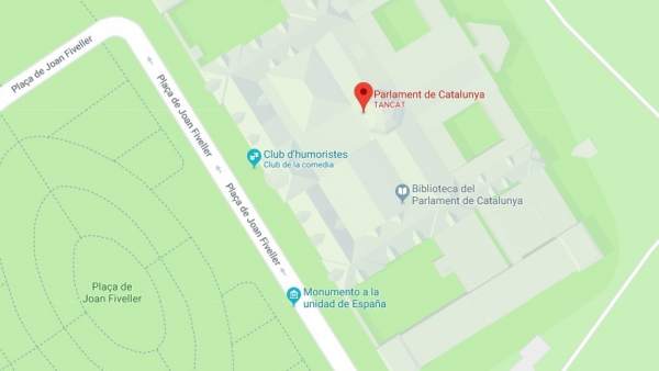 Una captura de pantalla en la que se ven las inscripciones 'cerrado', 'Club de la Comedia' y 'Monumento por la unidad de España' en el entorno del Parlament de Cataluña en Google Maps. Una captura de pantalla en la que se ven las inscripciones 'cerrado', 'Club de la Comedia' y 'Monumento por la unidad de España' en el entorno del Parlament de Cataluña en Google Maps.