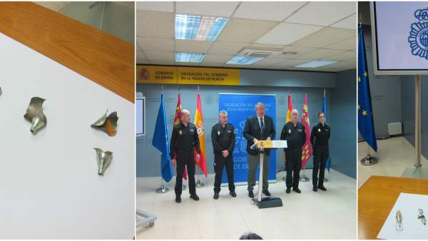 Imagen de los restos de explosivos y de la rueda de prensa Imagen de los restos de explosivos y de la rueda de prensa