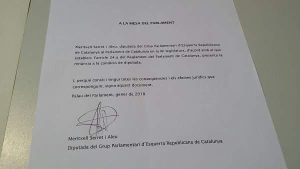 Renuncia de Meritxell Serret a su escaño en el Parlament Renuncia de Meritxell Serret a su escaño en el Parlament