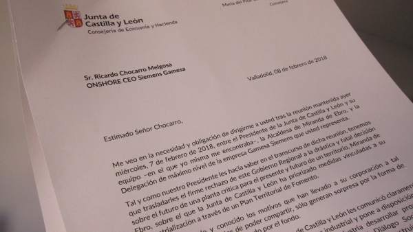 Imagen de la carta de la Junta a Gamesa sobre la planta de Miranda Imagen de la carta de la Junta a Gamesa sobre la planta de Miranda