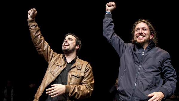 Alberto Garzón (IU) y Pablo Iglesias (Podemos) el 9 de mayo de 2016, fecha en que anunciaron su acuerdo de coalición. Alberto Garzón (IU) y Pablo Iglesias (Podemos) el 9 de mayo de 2016, fecha en que anunciaron su acuerdo de coalición.
