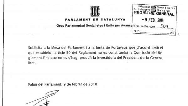 El PSC pide al Parlament no constituir la Comisión del Reglamento. El PSC pide al Parlament no constituir la Comisión del Reglamento.