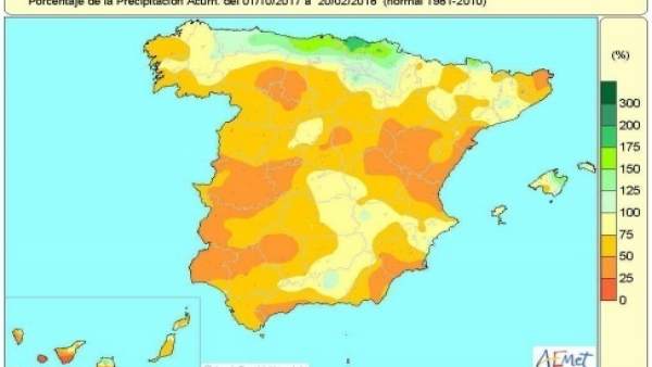Mapa de precipitaciones acumuladas en España hasta el 20 de febrero Mapa de precipitaciones acumuladas en España hasta el 20 de febrero