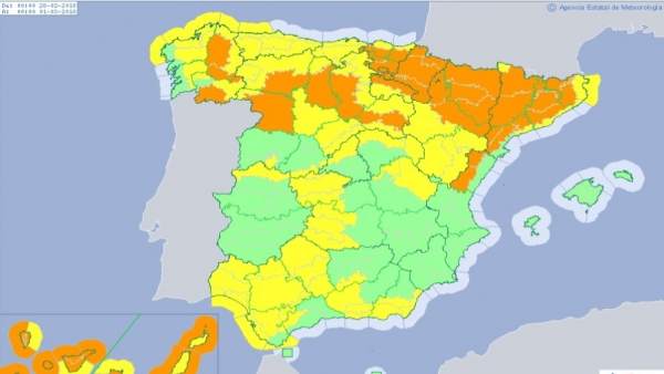 Mapa de riesgos meteorológicos previsto para el 28 de febrero Mapa de riesgos meteorológicos previsto para el 28 de febrero