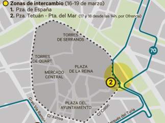 Zonas de intercambio de la EMT de València en el dispositivo de Fallas.