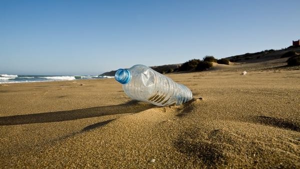 Botella de plástico en la arena de la playa Botella de plástico en la arena de la playa