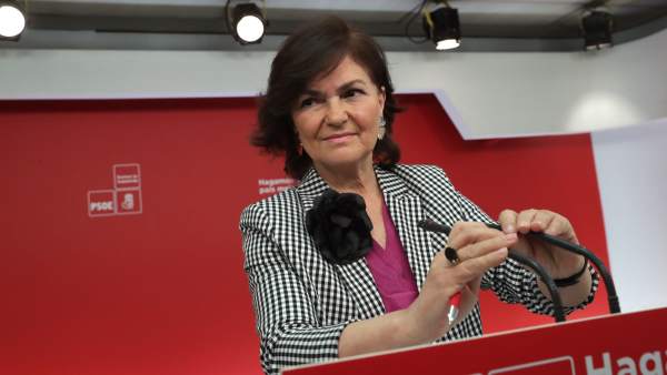 Carmen Calvo, secretaria de Igualdad del PSOE, en una rueda de prensa en Ferraz. Carmen Calvo, secretaria de Igualdad del PSOE, en una rueda de prensa en Ferraz.