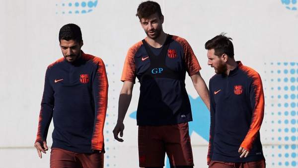 Luis Suárez, Gerard Piqué y Leo Messi. Luis Suárez, Gerard Piqué y Leo Messi.