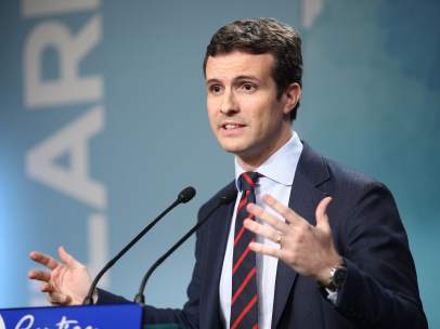Rueda de prensa del vicesecretario de Comunicación del PP, Pablo Casado