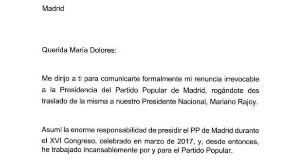 Carta íntegra de renuncia de Cristina Cifuentes a la 