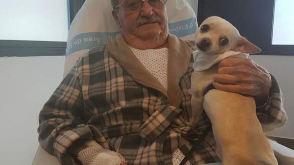 Paciente visitado por su perro en el hospital Paciente visitado por su perro en el hospital