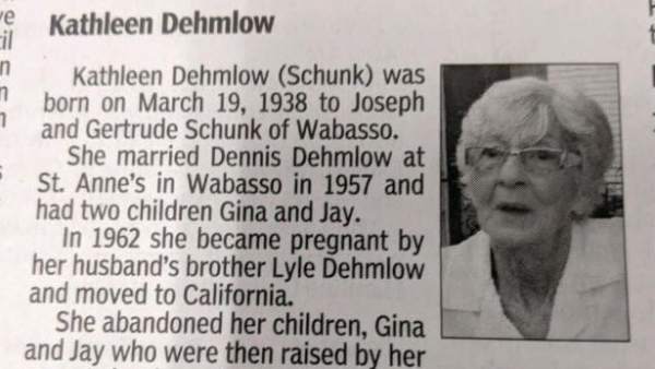 Obituario de Kathleen Dehmlow publicado en el periódico local Redwood Falls Gazette. Obituario de Kathleen Dehmlow publicado en el periódico local Redwood Falls Gazette.