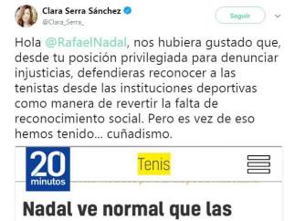 Clara Serra, diputada de Podemos, critica las declaraciones de Rafa Nadal.